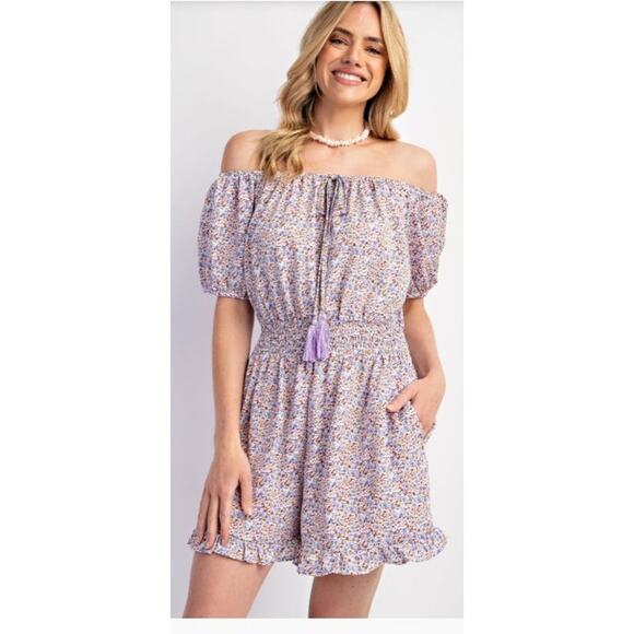Easel EB50359 Large Printed Wool Ruffle Romper - Lilac Blue - Picture 1 of 3
